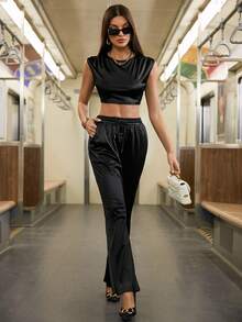 Allurite unicolor Top tank crop & de cintura con cordón Pantalones acampanados - Negro - Ver 5