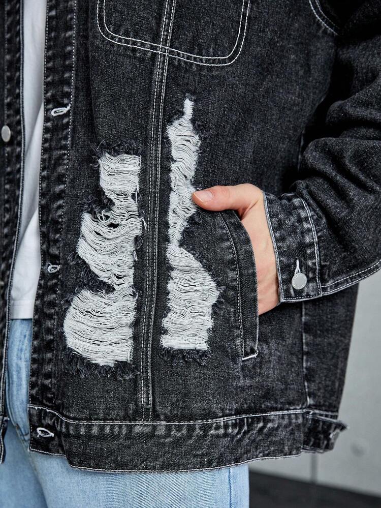 Men's Ultra-Loose Ripped Flap Pocket Denim Jacket