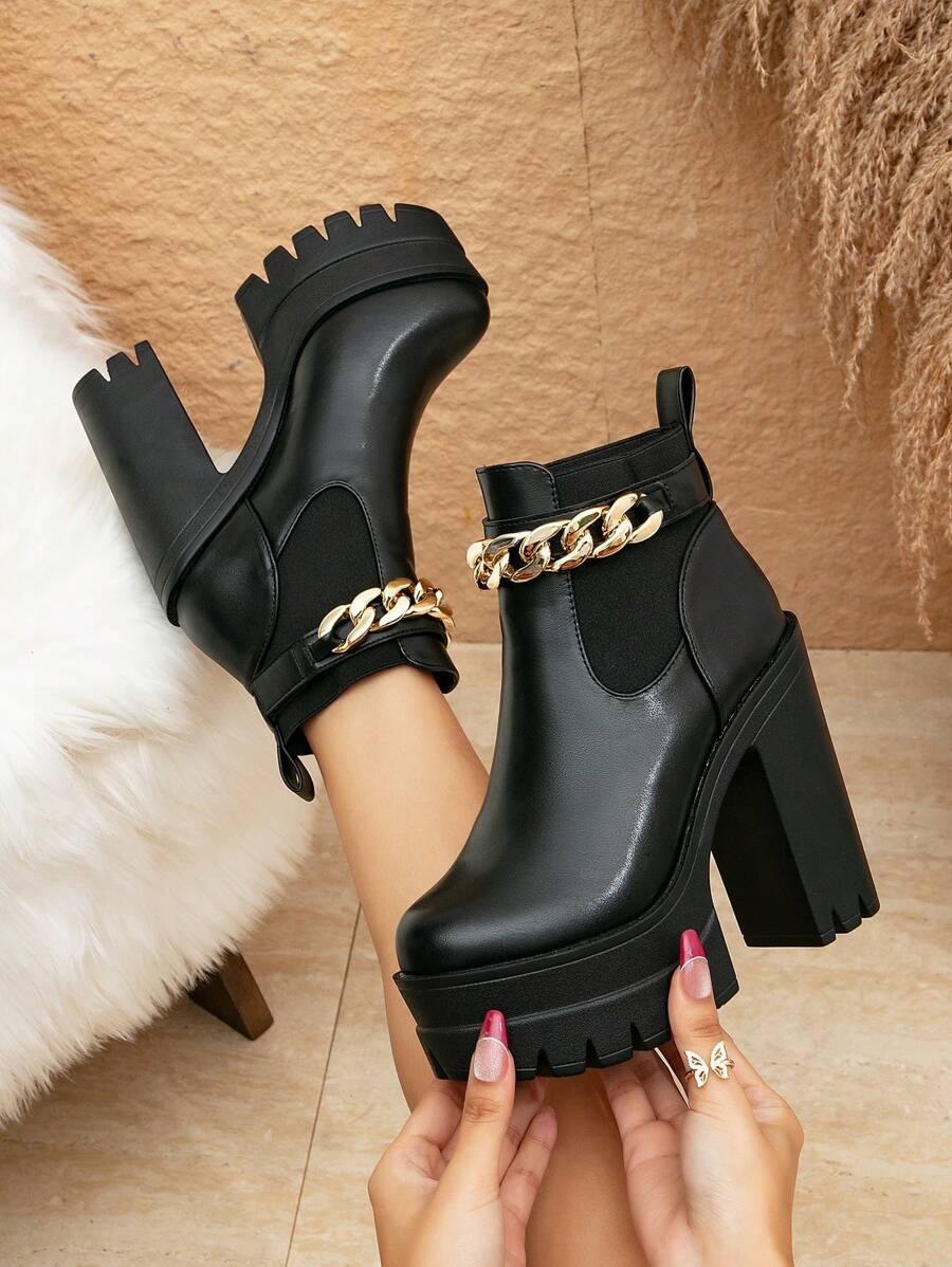 Fall/Winter Newest Arrival Women's Fashion Boots, Chunky Heel Short Boots With 13cm Heels, Thick Waterproof Platform, Double Anti-Slip,Ideal With Sweater Dress,Boots For Women - Black - View 1