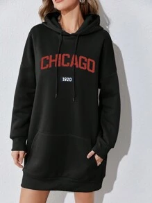 SHEIN Unity 字母圖案袋鼠口袋落肩袖抽繩連帽洋裝 - 黑色 - 查看 1