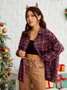 SHEIN EZwear Plaid Print Drop Shoulder Shirt - Red - View 3