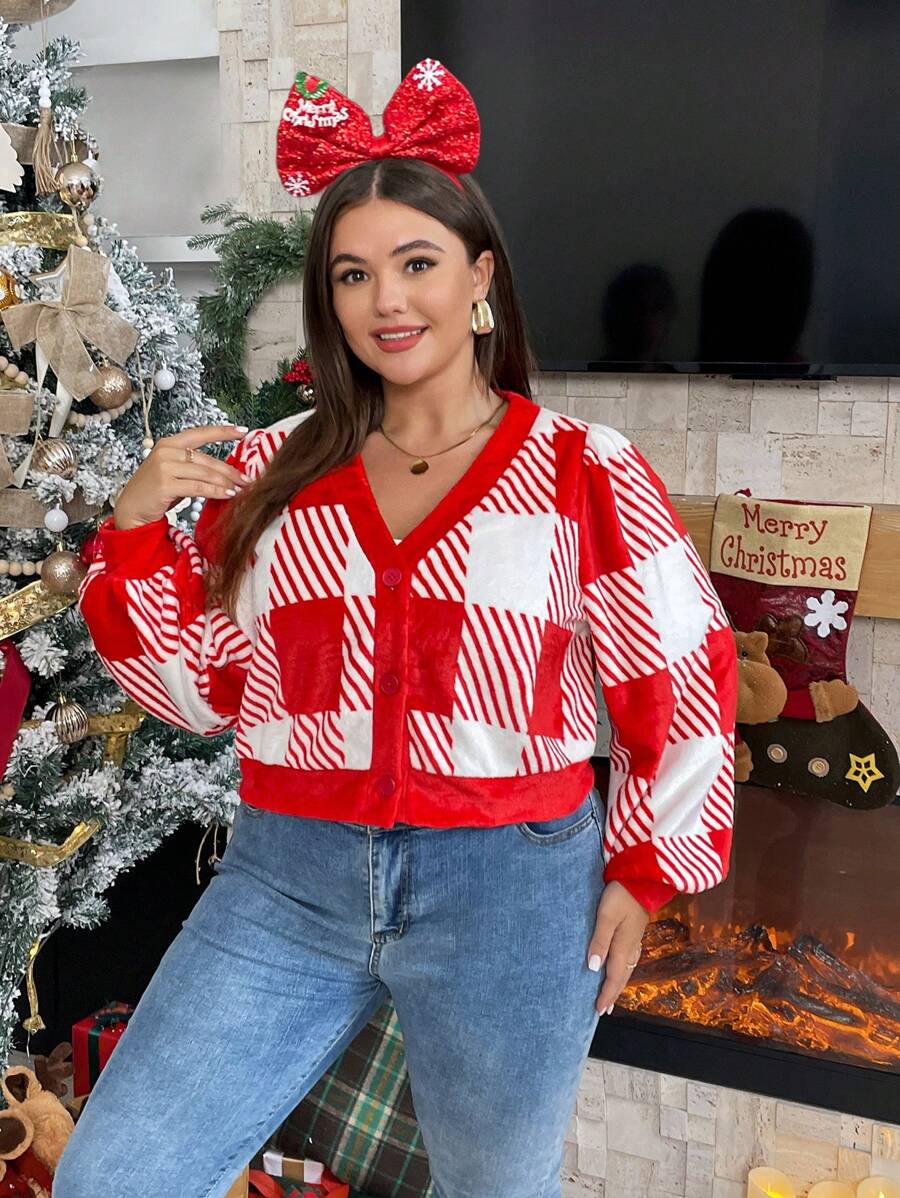 SHEIN Essnce Plus Plaid Print Lantern Sleeve Tee - Red - View 1