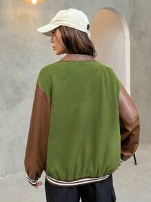 SHEIN EZwear Letter Patched Striped Trim Drop Shoulder Colorblock Striped Trim Jacket