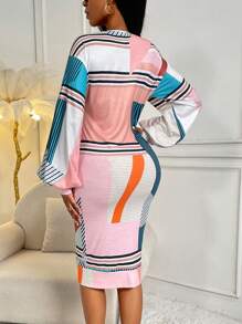 SHEIN Lady 條紋和幾何圖案撞色落肩袖緊身洋裝 - 彩色 - 查看 2