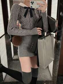 Contrast Collar Bow Front Sweater Dress - Light Grey - View 4