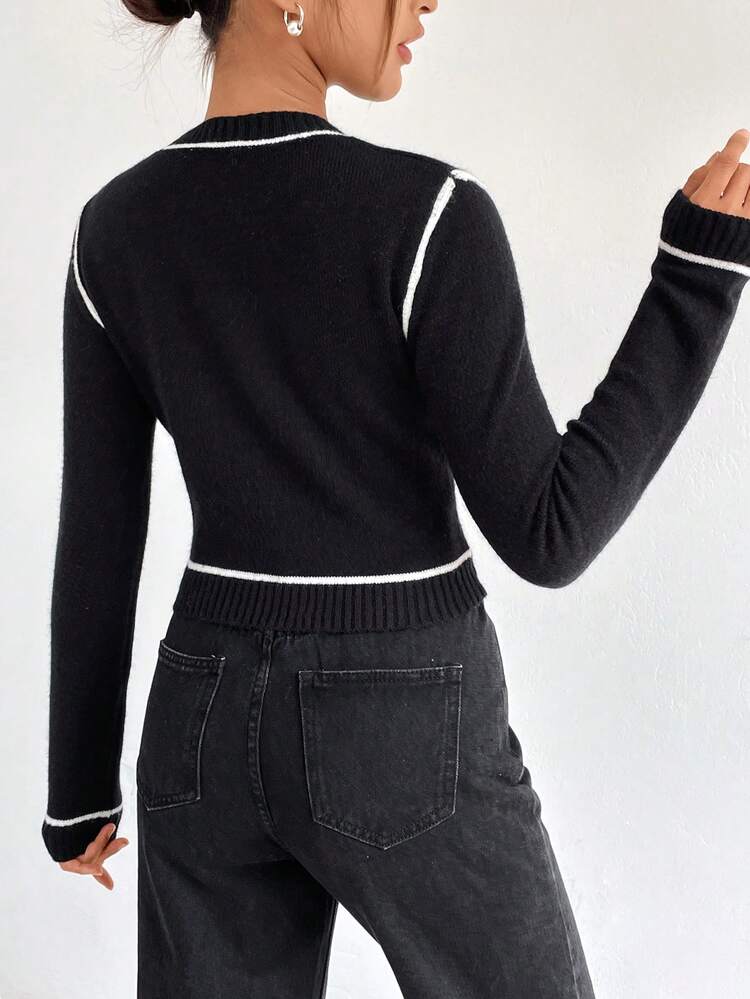 Butterfly Pattern Contrast Trim Crop Knit Pullover Fall Winter Sweater