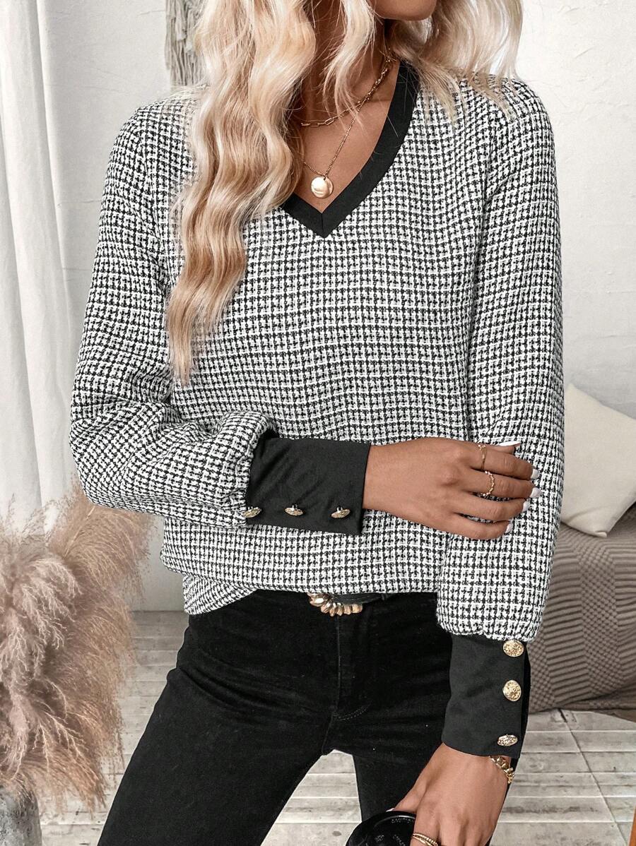 SHEIN Clasi Contrast Trim Lantern Sleeve Blouse - Black and White - View 1