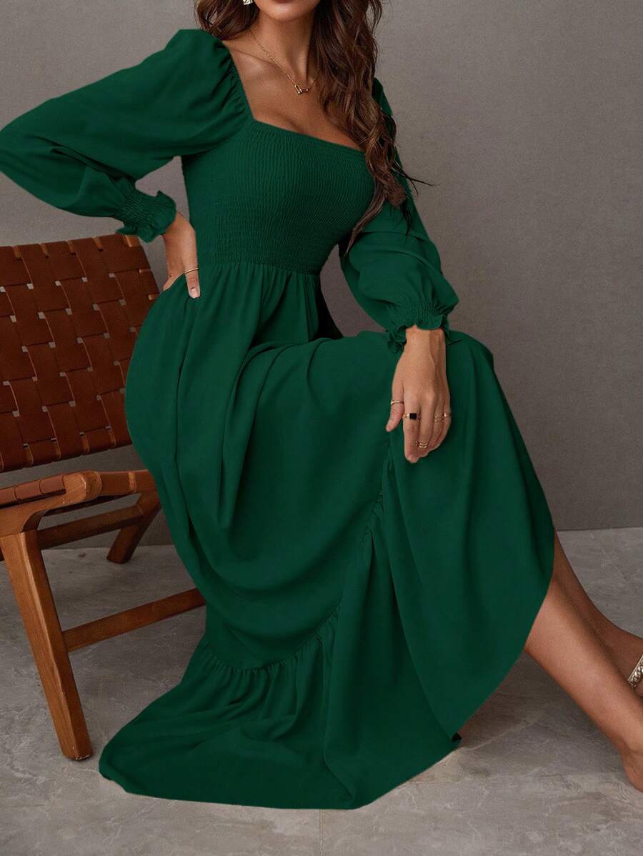 LUMIGAL Square Neck Shirred Ruffle Hem Dress Maxi Vacation Beach Outfits Women Fall Cloth For Women - Dark Green - View 1