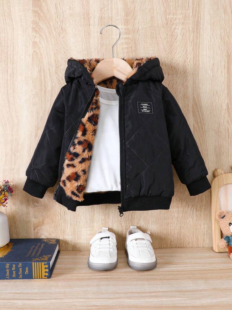Baby Boy Letter Patched Detail Teddy Lined Zipper Hooded Quilted Coat Without Tee