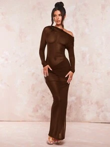 SHEIN BAE Asymmetrical Neck Bodycon Dress,Valentine's Day,Valentine Outfits For Women - Coffee Brown - View 6