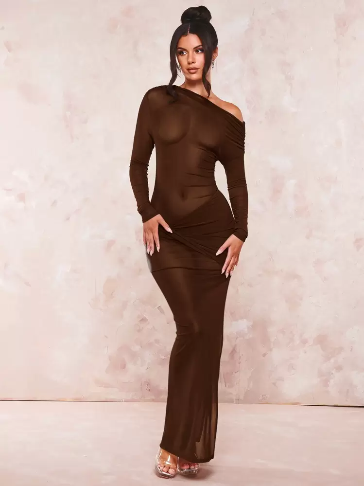 SHEIN BAE Gola Assimétrica Vestido Bodycon - Café - Visão 6