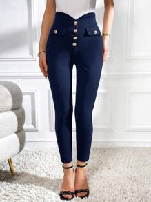 SHEIN Privé Women's Casual Commuting Minimalist Solid Color High Waist Button Decor Skinny Pants - Navy Blue - View 5