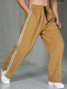 Manfinity Homme Men Plus Contrast Tape Split Hem Pants - Khaki - View 4