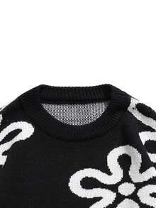 Men Floral Pattern Sweater - Black - View 4