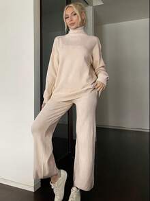 Solid Turtleneck Drop Shoulder Sweater & Knit Pants - Apricot - View 4