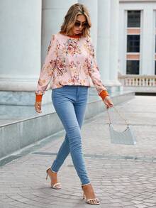 SHEIN LUNE Floral Print Contrast Trim Sweatshirt - Pink - View 3