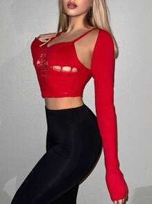 Sweetina Solid Crop Cardigan With Bolero - Red - View 6