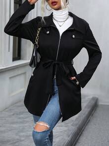 SHEIN LUNE Zip Up Slant Pocket Belted Coat - Black - View 6