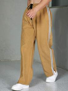 Manfinity Homme Men Plus Contrast Tape Split Hem Pants - Khaki - View 3