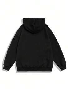 Hombres Capucha con estampado de slogan con bolsillo de canguro con cordón - Negro - Ver 2