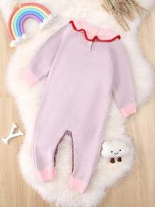 Baby Girl Strawberry Pattern Contrast Trim Raglan Sleeve Knit Jumpsuit - Baby Pink - View 2