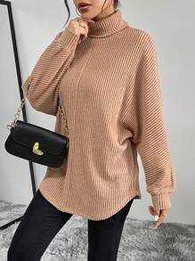 SHEIN Essnce Áo thun nữ tay cánh dơi dệt kim mùa xuân và mùa thu màu trơn thường ngày - Màu be - Xem 1
