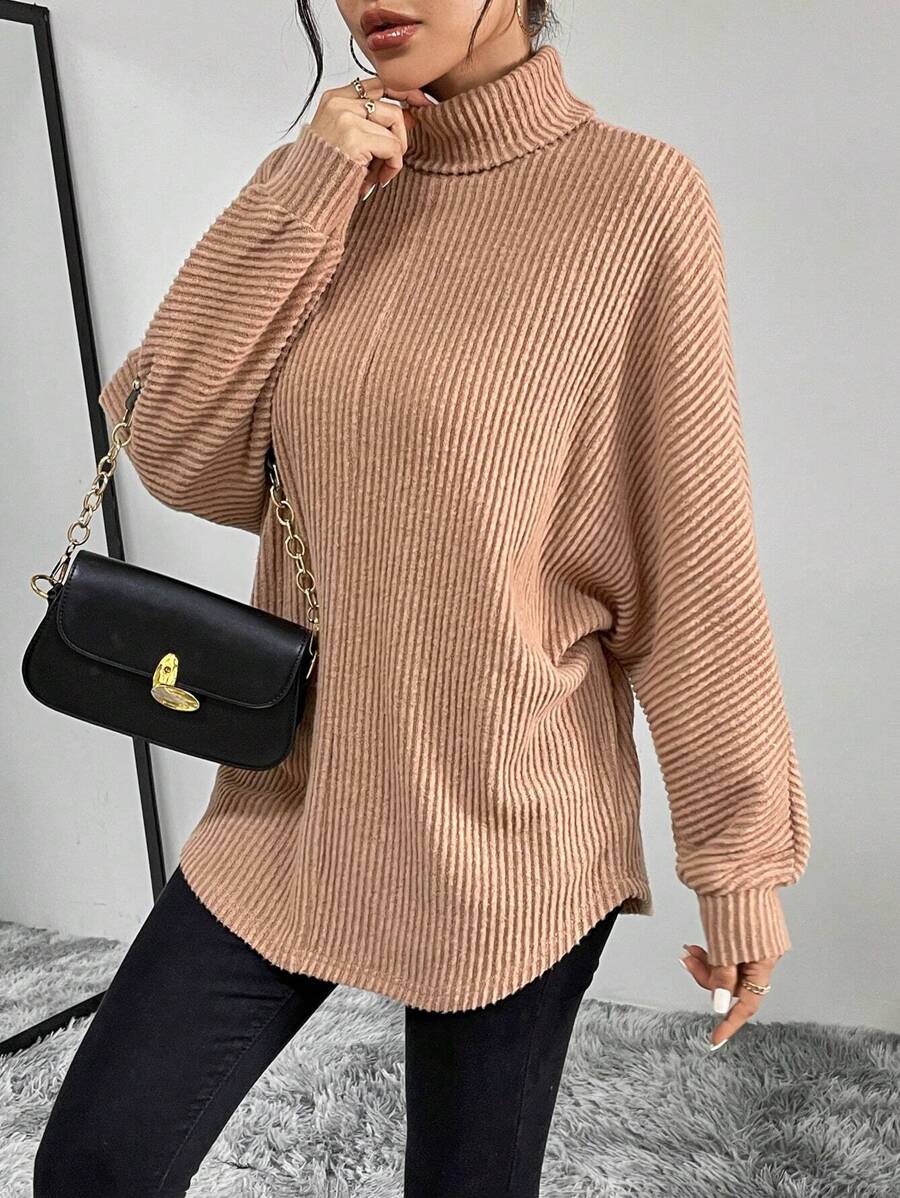 SHEIN Essnce Áo thun nữ tay cánh dơi dệt kim mùa xuân và mùa thu màu trơn thường ngày - Màu be - Xem 1