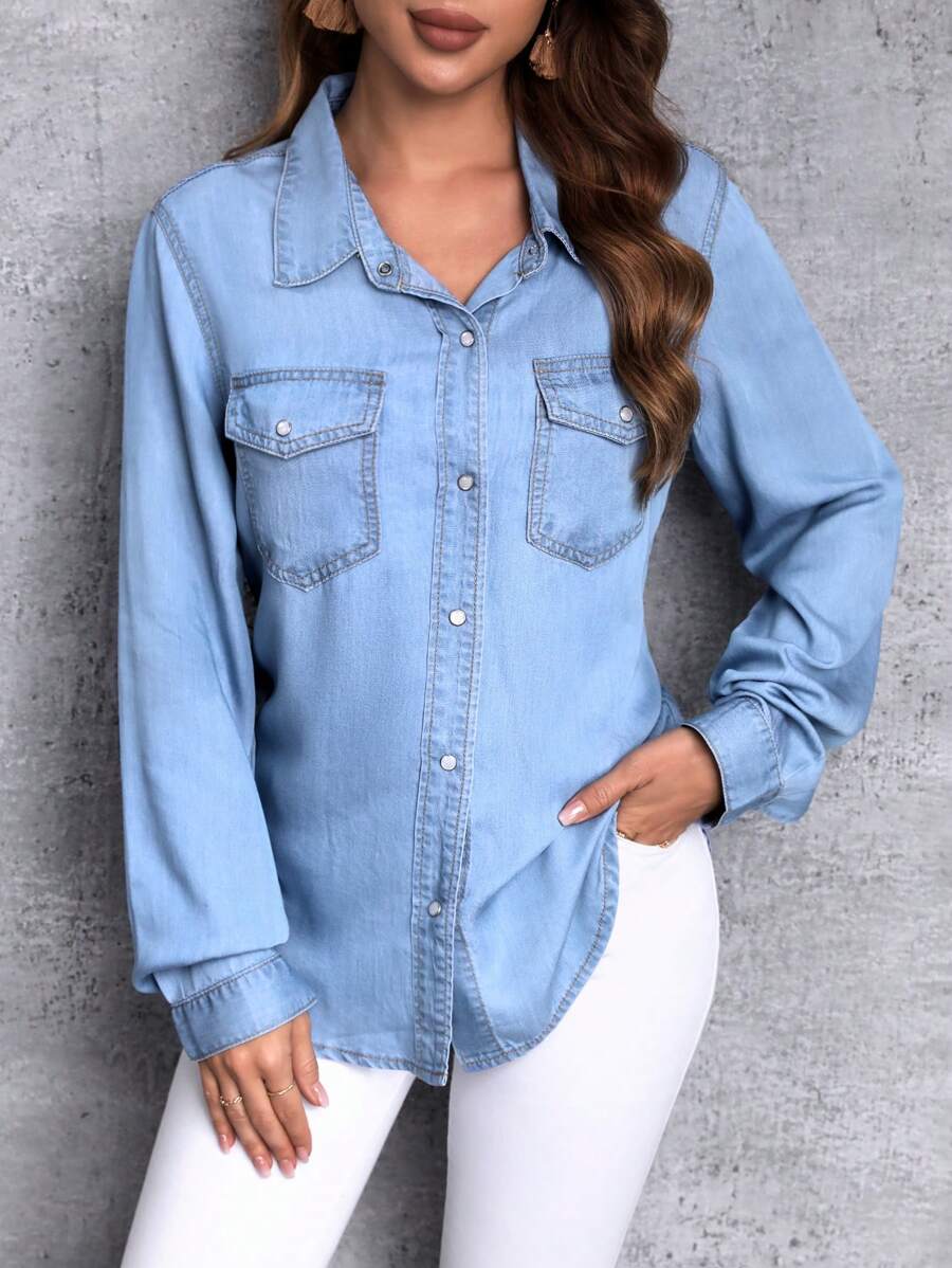 SHEIN Tall Flap Pocket Button Front Blouse, Women Long Sleeve Spring Top - Blue - View 1
