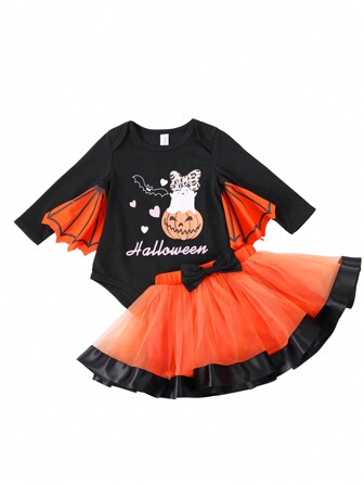 Baby Girl Halloween Print Bodysuit & Mesh Skirt