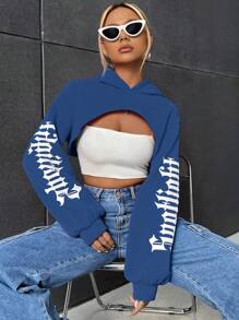 SHEIN Coolane Letter Graphic Super Crop Hoodie Without Bra - Royal Blue - View 4