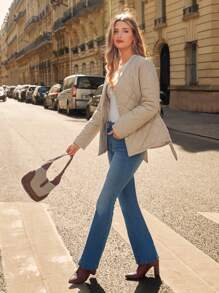 SHEIN Frenchy Solid Button Front Belted Quilted Coat - Apricot - View 6