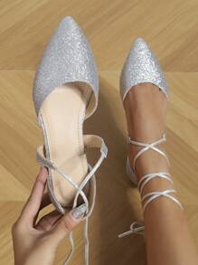 Ladies' Ribbon Tie Leg Strap Flat Shoes, Glitter Pointed Toe Dance Shoes, Ballet Flats In Silver - Silver - View 4