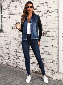 EMERY ROSE Raw Hem Drawstring Hooded Denim Jacket, Fall Women Clothes - Dark Wash - View 6