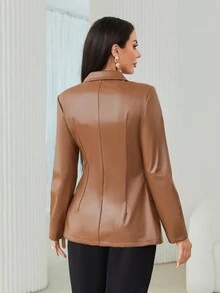 Modelyn 西裝領腰帶PU皮革西裝外套 - 卡其色 - 查看 2