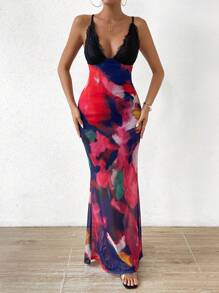 Islaluna Tie Dye Contrast Lace Mermaid Hem Mesh Cami Dress Maxi Women Outfit - Multicolor - View 4