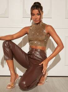 SHEIN Allurite Sequin Crop Tank Top - Brown - View 6
