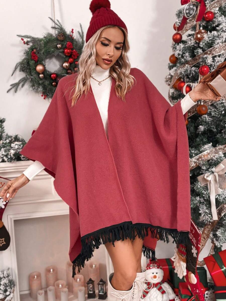 SHEIN LUNE Fringe Hem Batwing Sleeve Cardigan - Redwood - View 1