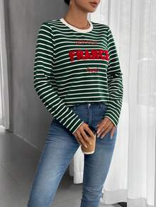 SHEIN Frenchy 條紋和字母圖案T恤 - 綠色 - 查看 4