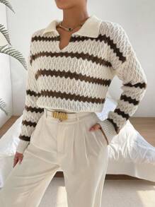 Chiquease Striped Pattern Drop Shoulder Sweater,Long Sleeve Tops Knit Pullover Fall Winter Sweater - Khaki - View 6