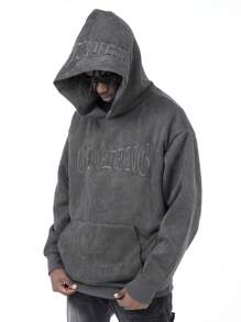 Men Letter Embroidery Kangaroo Pocket Drop Shoulder Hoodie