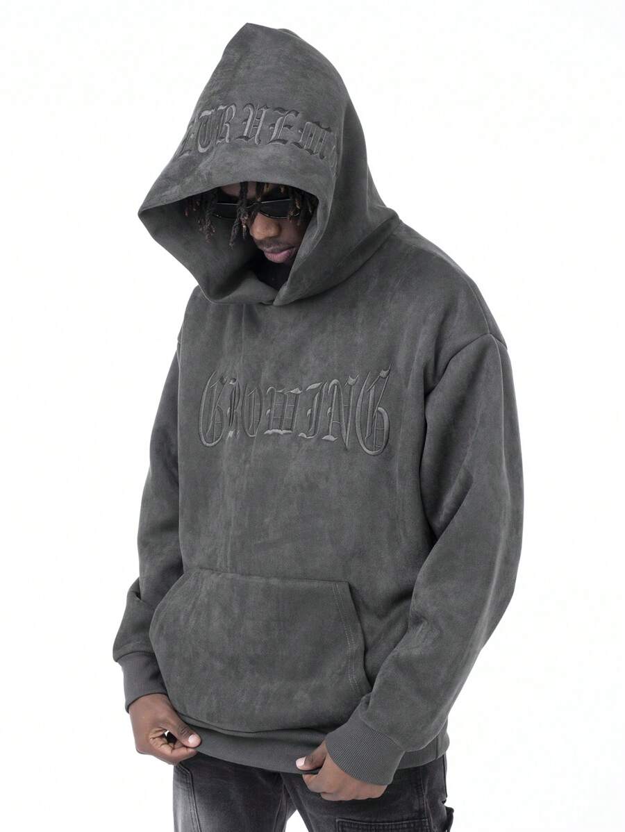 Men Letter Embroidery Kangaroo Pocket Drop Shoulder Hoodie