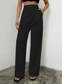 EURMUSE Solid High Waist Wide Leg Suit Pants - Black - View 5