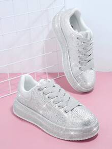 Rhinestone Lace Up Front Skate Shoes - Silver - View 2