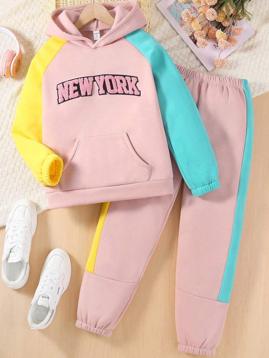 SHEIN Tween Girl Letter Graphic Raglan Sleeve Hoodie & Sweatpants - Multicolor - View 1