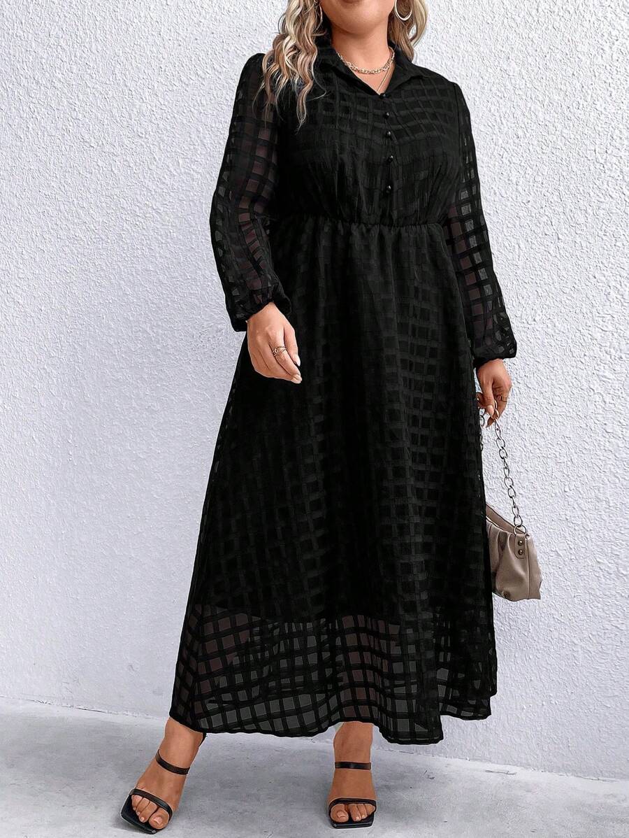SHEIN LUNE Plus Plaid Pattern Lantern Sleeve Shirt Dress - Black - View 1