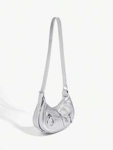 SHEIN ICON Hobo 包,帶前袋裝飾,銀色前衛斜挎包 - 銀色 - 查看 3