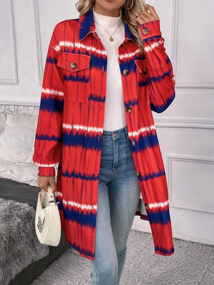 Tie Dye Drop Shoulder Flap Detail Drop Shoulder Flap Pocket Coat