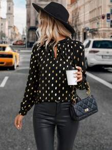 SHEIN LUNE Gold Dot Print Raglan Sleeve Blouse - Black - View 1