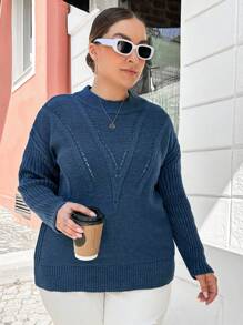 RueChic Plus Cable Knit Drop Shoulder Sweater - Blue - View 4