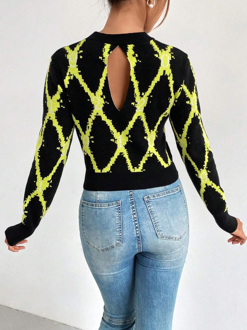 Argyle Pattern Crop Knit Pullover Fall Winter Sweater